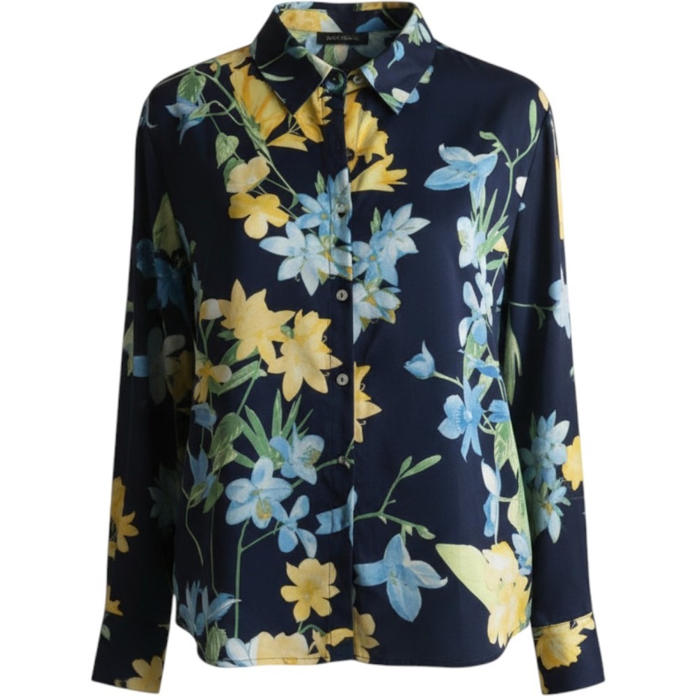 Tamara H Navy Blue Floral Satin Button Down Blouse XS Long Sleeve Boho NWOT
